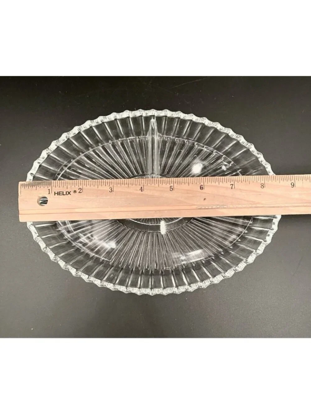 Retro Starburst Pressed Glass Divided Relish Dish 8.5” Scalloped Edge Ribbed